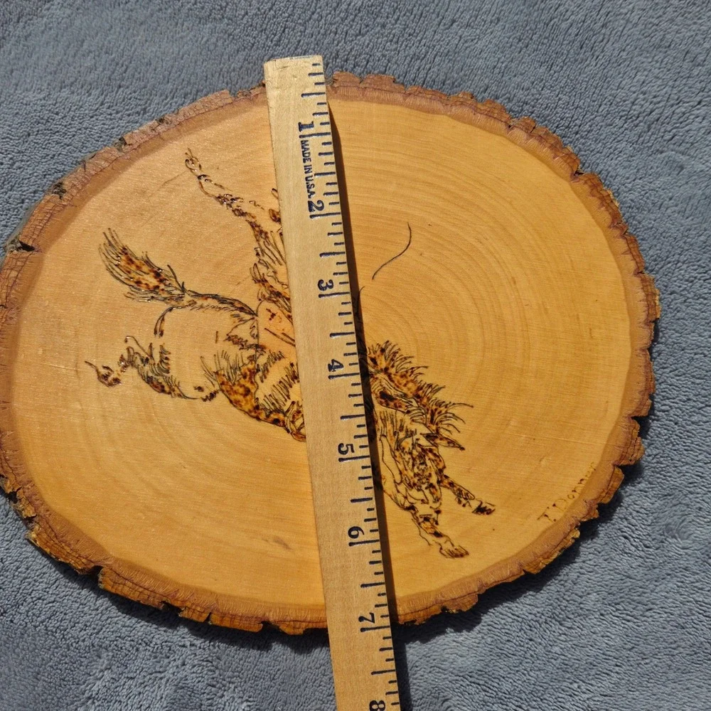 T. Donner Wood Burned Bucking Bronco Wall Art 9in Natural Live Edge Wood